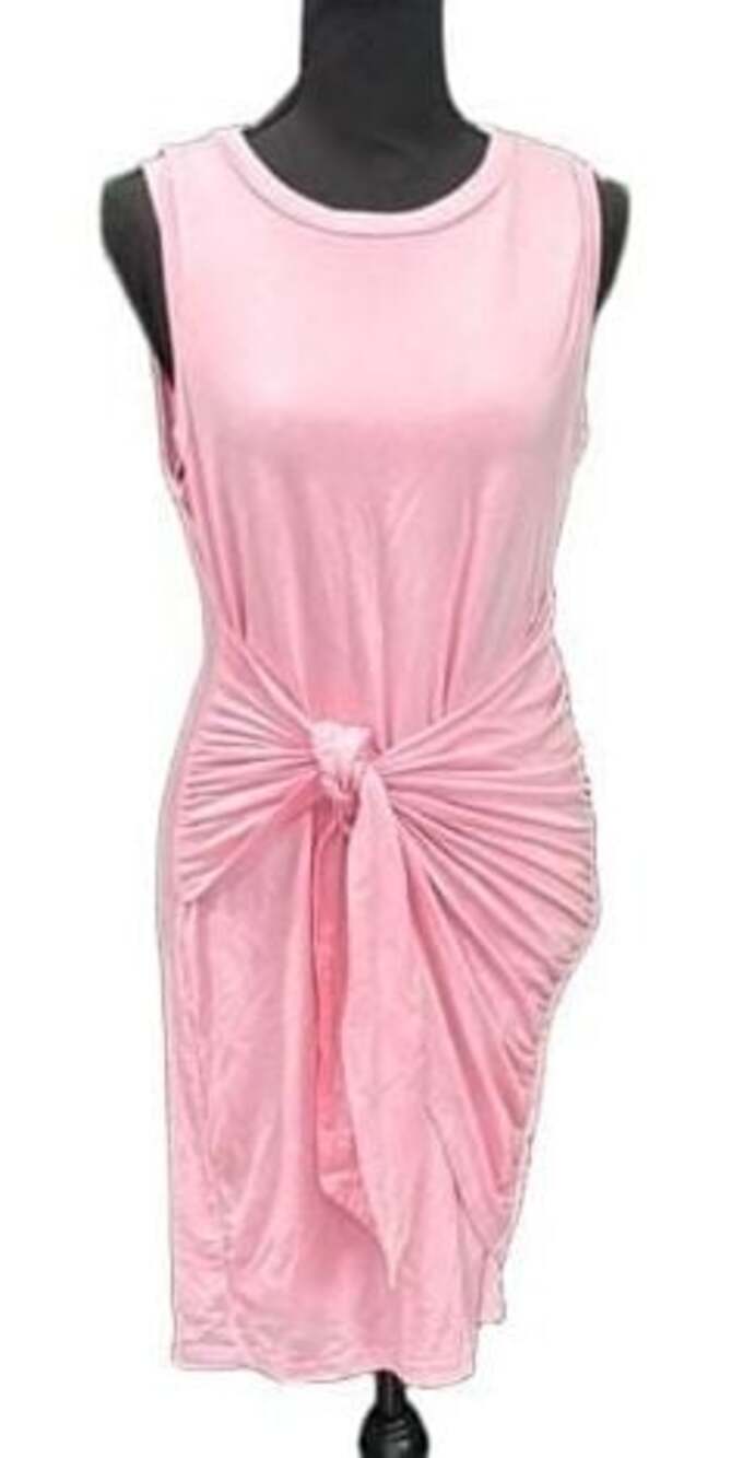 Fashion Pink Sleeveless Front Tie Knot Ruched T-Shirt Dress Size M